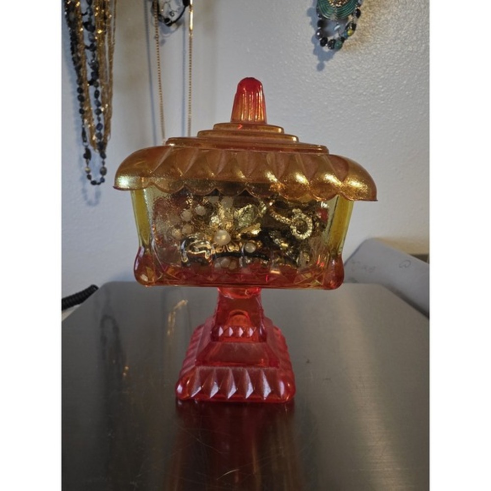 Mystery Jewelry Jar in Jeanette Amberina Glass Dish With Lid Red Yellow Pedestal